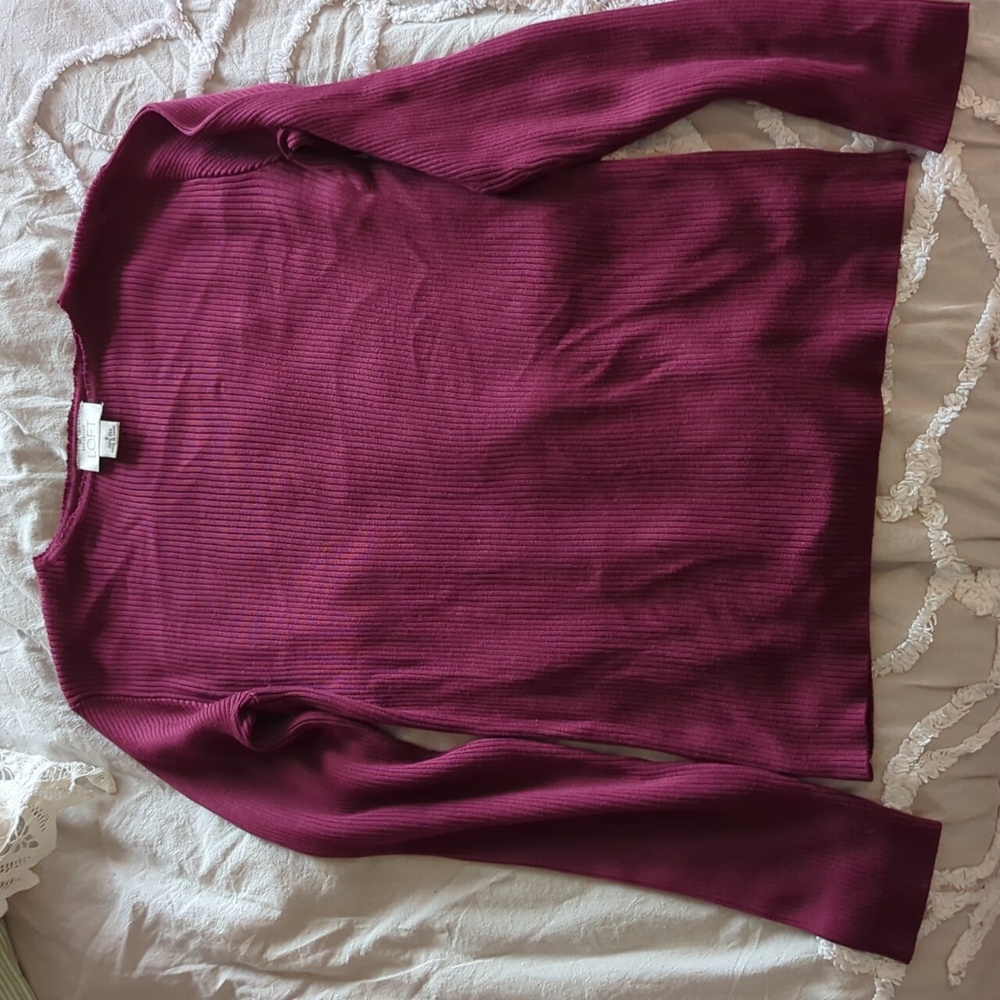 Ann Taylor LOFT Women's Silk Ribbed Cowl Sweater - Rich Burgundy - Picture 2 of 4